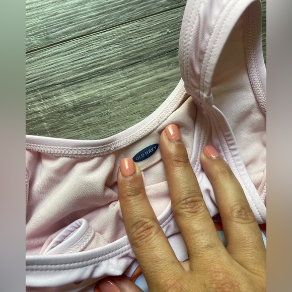 18-24 pink one piece swimsuit. old Navy. Sunglasses pattern. “Just happy” - Picture 6 of 7